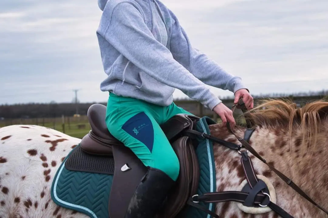 Ladies green and navy riding tights DNA equestrian ltd