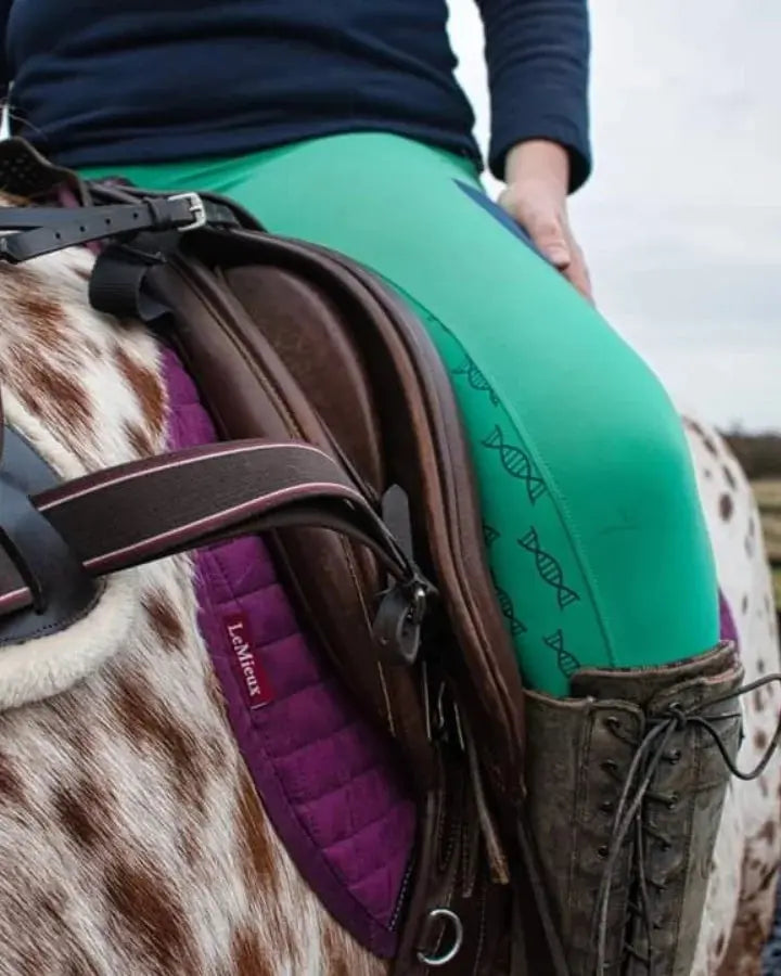 Ladies green and navy riding tights DNA equestrian ltd