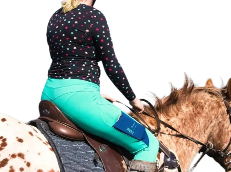 Ladies green and navy riding tights DNA equestrian ltd