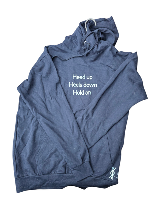 Navy hoodie "head up, heels down, hold on"