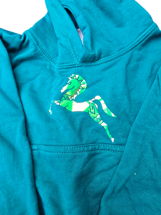 Green hoodie with golden horse