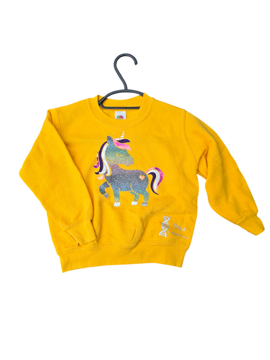 Yellow childrens sweatshirt glitter unicorn.