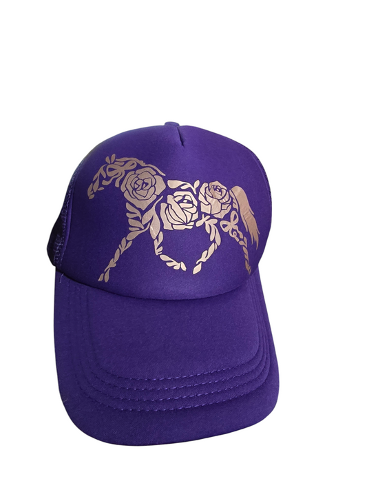 Purple baseball cap with rose horse design