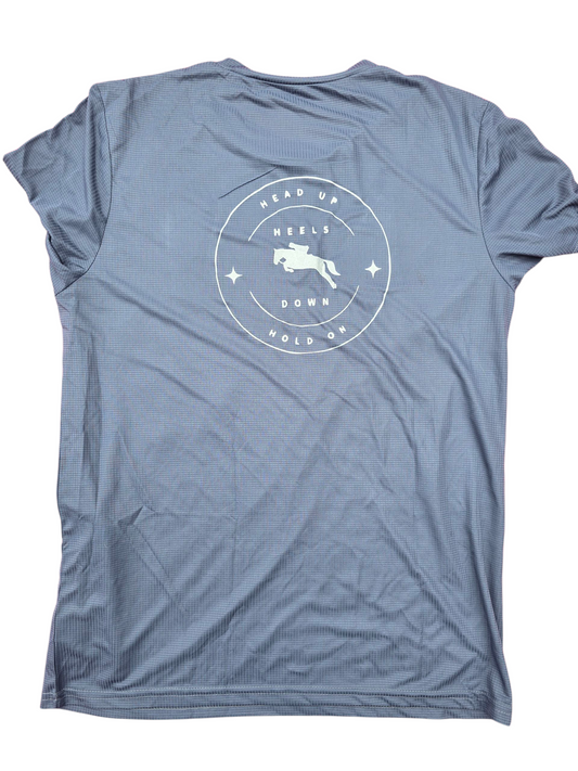 Head up, heels down, hold on equestrian grey unisex adult t-shirt