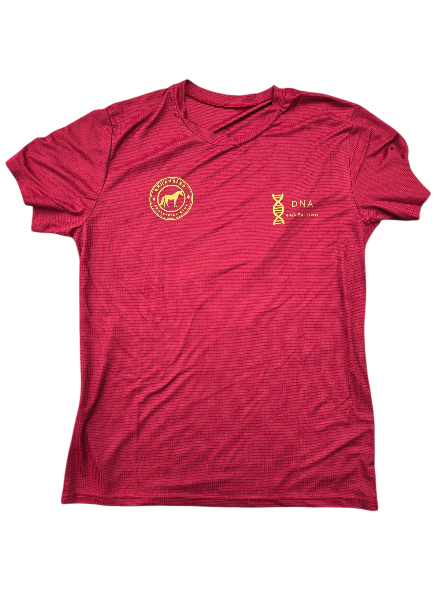 Exhausted equestrian burgundy unisex adult t-shirt