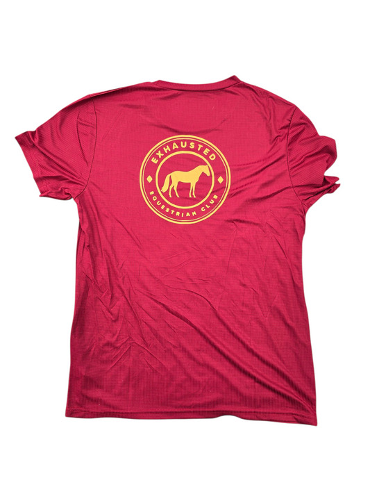 Exhausted equestrian burgundy unisex adult t-shirt