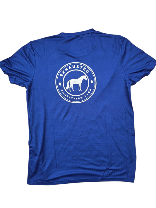 Exhausted equestrian blue unisex adult t-shirt